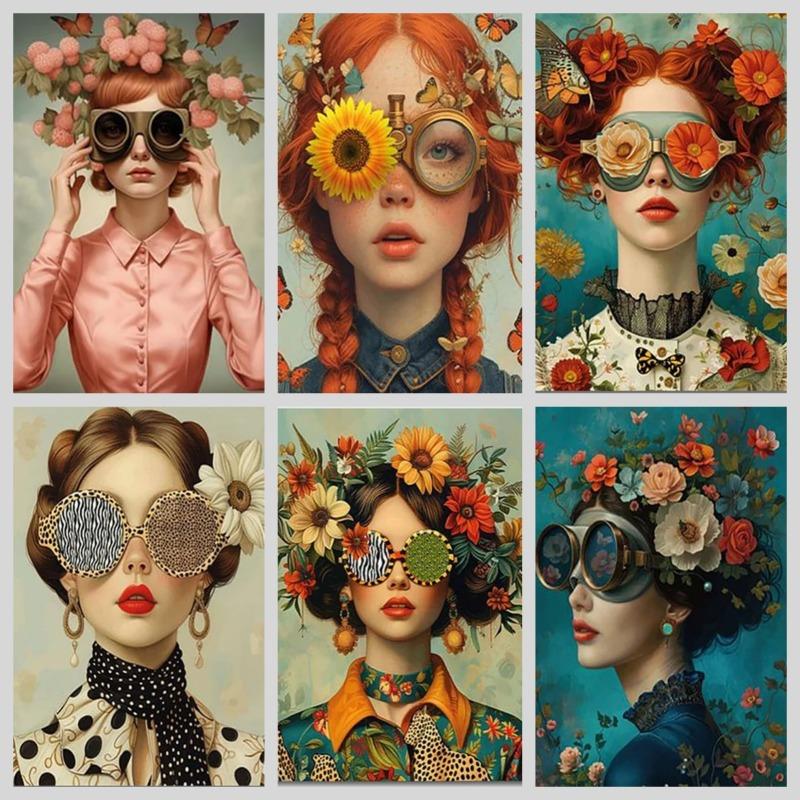 

Fashion Glasses Woman with Flowers Canvas Painting Flowers with Girl Portrait Posters and Prints Nordic Boho Mural Picture Art 21cm×30cm NoFrame
