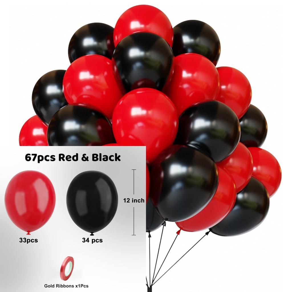 12inch-67pcs black red, pink and gold latex balloon set suitable for weddings, birthdays, popular parties, bridal showers