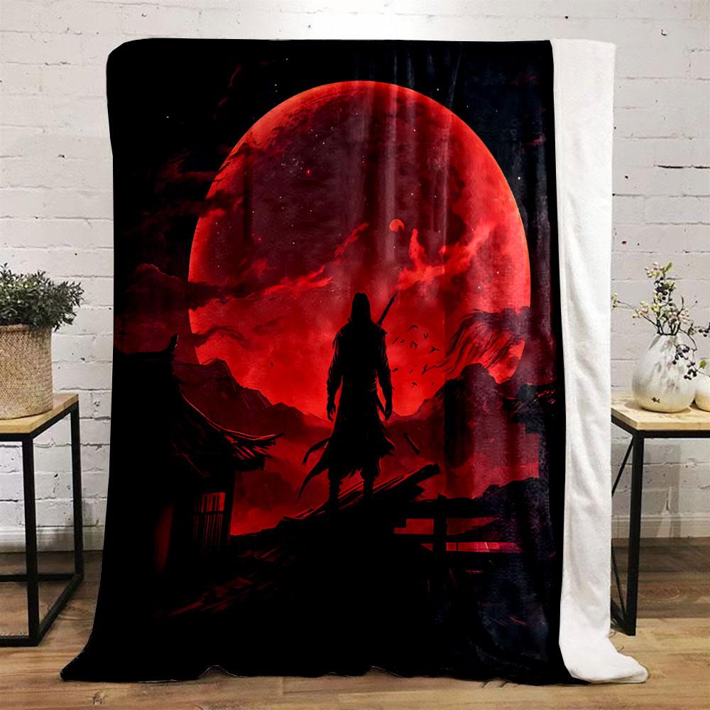 Warrior Under Red Moon Print Blanket Soft and Cozy Perfect for the Living Room Bed Sofa or a Nap,gift