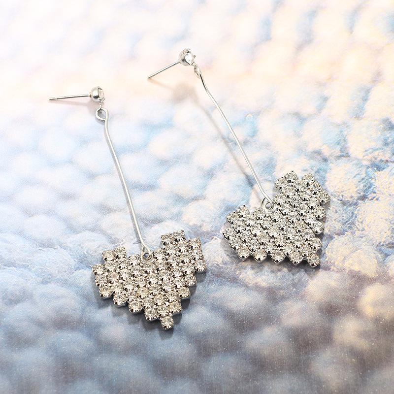 Korean Temperament Versatile Rhinestone Heart Long Section Earings Jewelry Personality Statement Earrings For Women