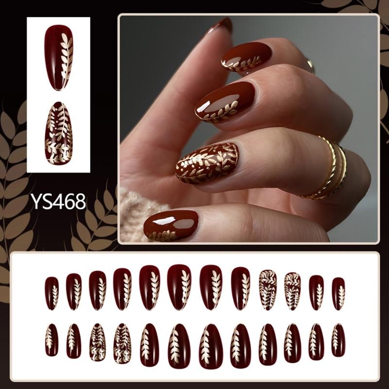 24 Pcs Valentines Day Press On Nail Short Almond False Nail Wheat Acrylic Nail Full Cover Stick on Nail for Women