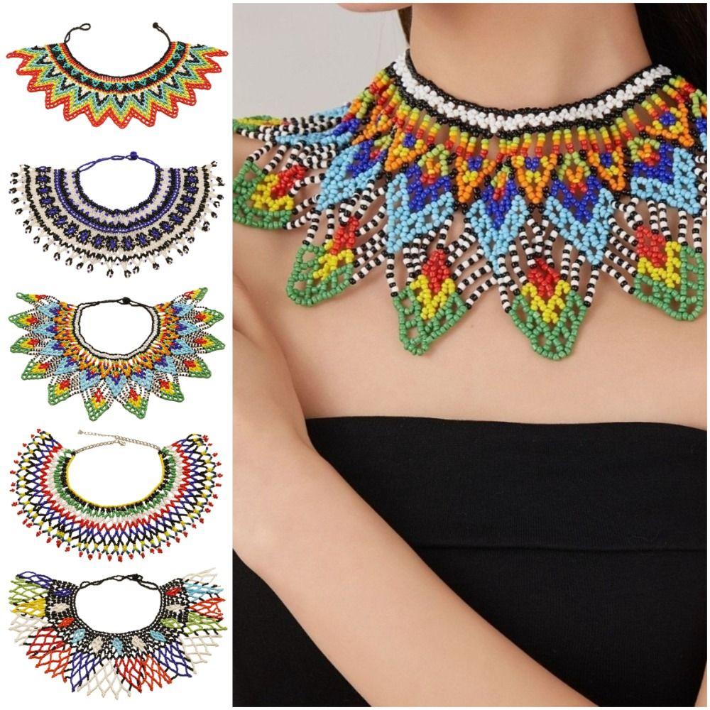 Ethnic Style Bead Chunky Necklace Bohemian Mesh Bib Collar Woven Choker Necklace Women Jewelry