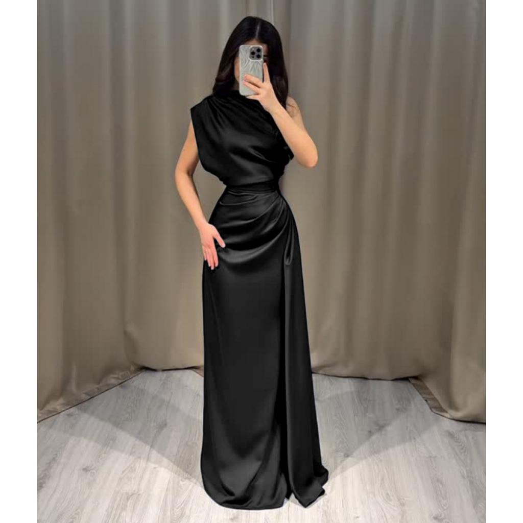 New Satin Round Neck Long Dress, High Waist Pleated Elegant Evening Party Gown