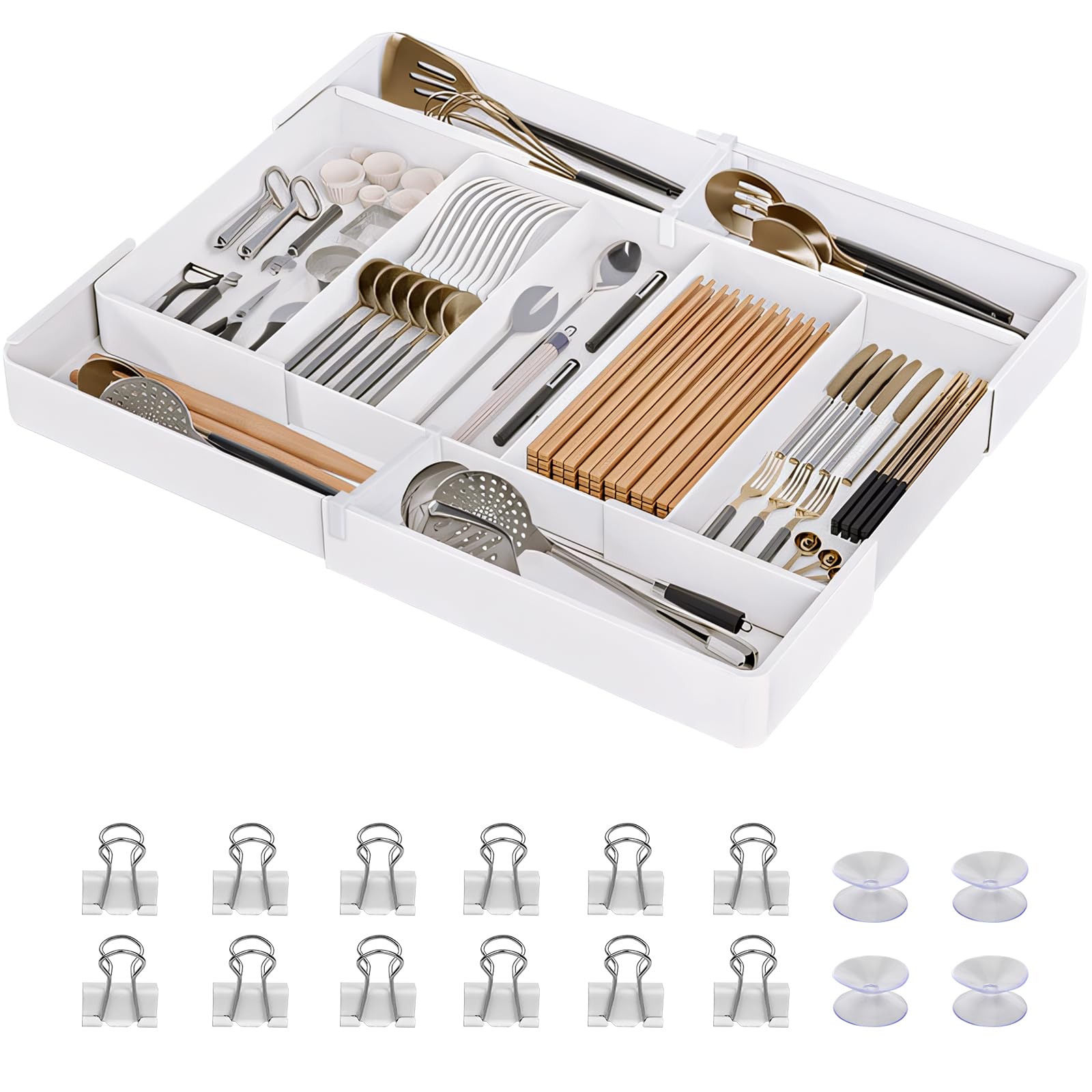 

yazi Столовые приборы Телескопические столовые приборы Кухня 3-сторонняя система хранения столовых приборов Палочки для еды Телескопическая фиксированная присоска В комплекте 4 Чехол, Поднос, Хранение, Ящик, белый