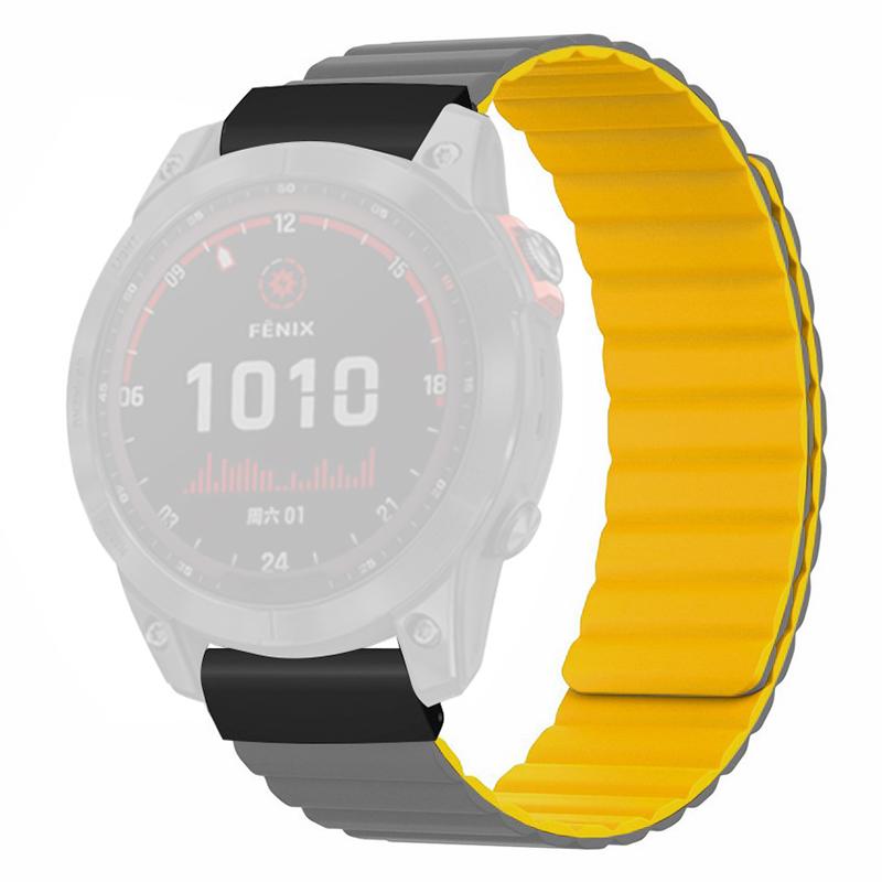 

For Coros Vertix 2/Garmin Fenix 7X/6X/5X Silicone Watch Band Magnetic Strap Replacement with 26mm PC Connector Grey Yellow