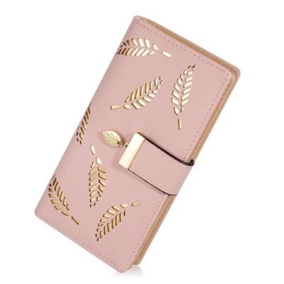 Women's Rose Gold Vegan Leather Leaf Bi-fold Card Coin Holder Long Wallet