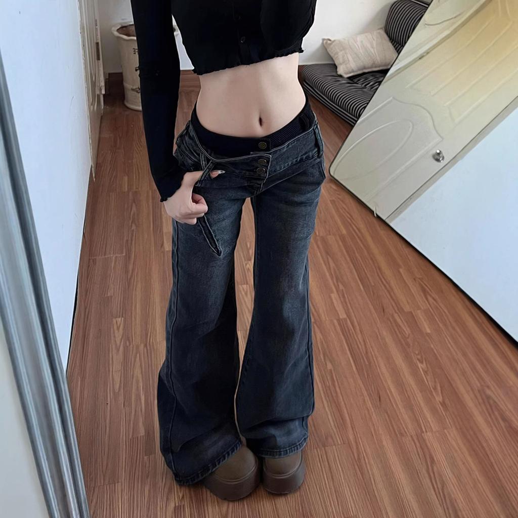 Autumn Winter Retro Low Waisted Jeans for Women's Loose and Personalized Spicy Girl Design Washed Micro Flared Pants