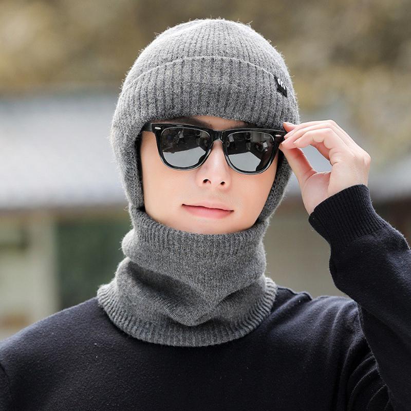 Knitted Hat Men's Winter Thick Letter Warm Cap Scarf Set Big Head Waving Elastic Pullover Cap