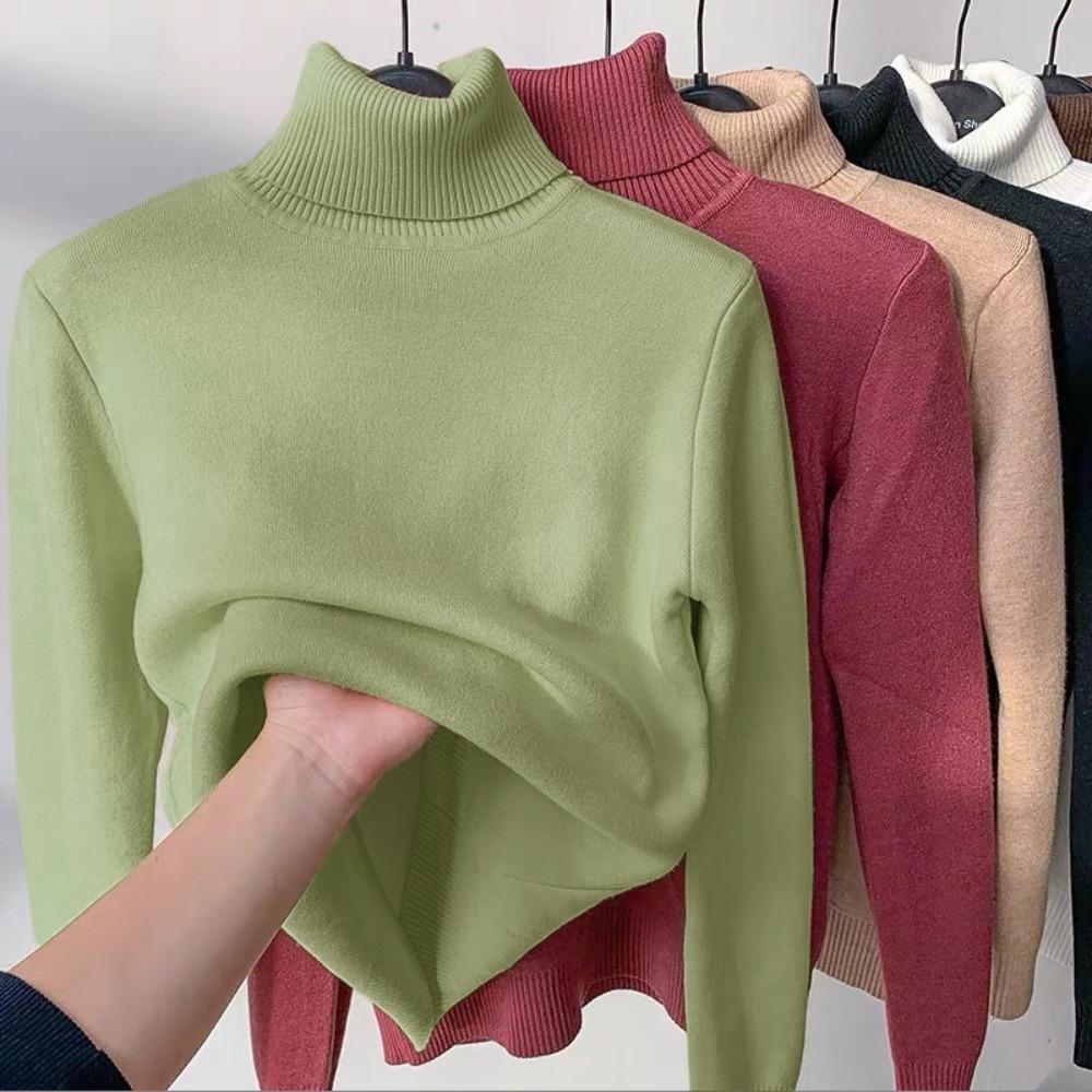 Integrated Fleece Turtleneck Sweater Women Autumn Winter Fleece Lined Thickened Layering Base Layer Knit Top
