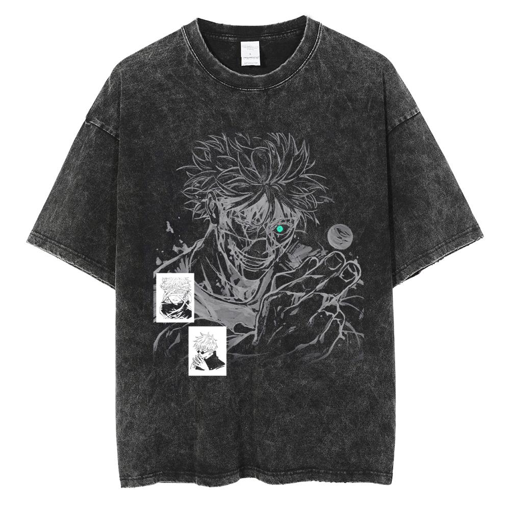 Anime Jujutsu Kaisen Satoru Gojo Cool Print Tshirt Men Women Manga Vintage T-shirts Harajuku Male Washed Cotton T Shirt
