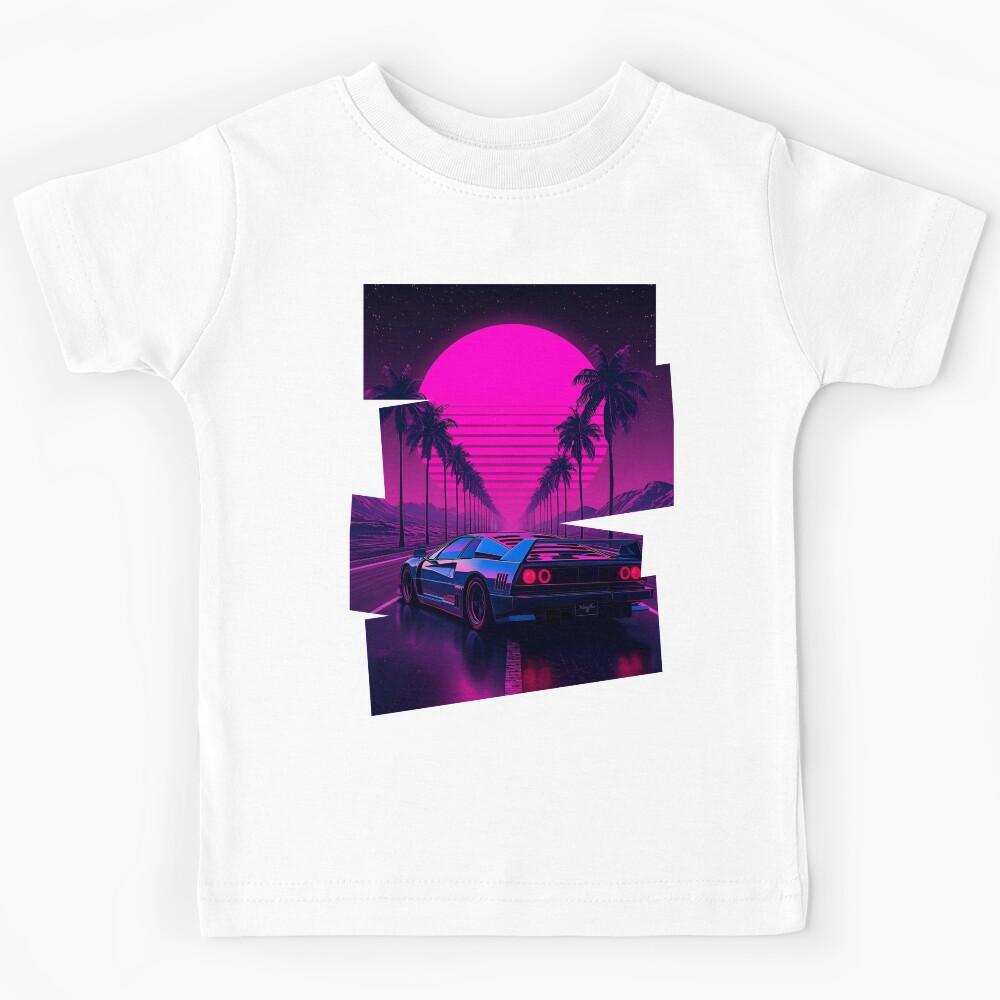 Ferrar F40 80s retro-futuristic landscape with palm trees and a sports car neon colors 6 Kids T-Shirt 130