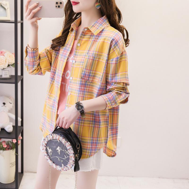 Camisa holgada de manga larga a cuadros para mujer, estilo coreano, chaqueta informal y versátil para estudiantes para primavera y otoño, talla grande, algodón