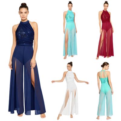 S-3XL Women Lyric Modern Dance Jumpsuit Halter Mock Neck Sleeveless Sequin Bodice Strappy Back Mesh Split Wide Leg Bodysuit One Piece Dancewear