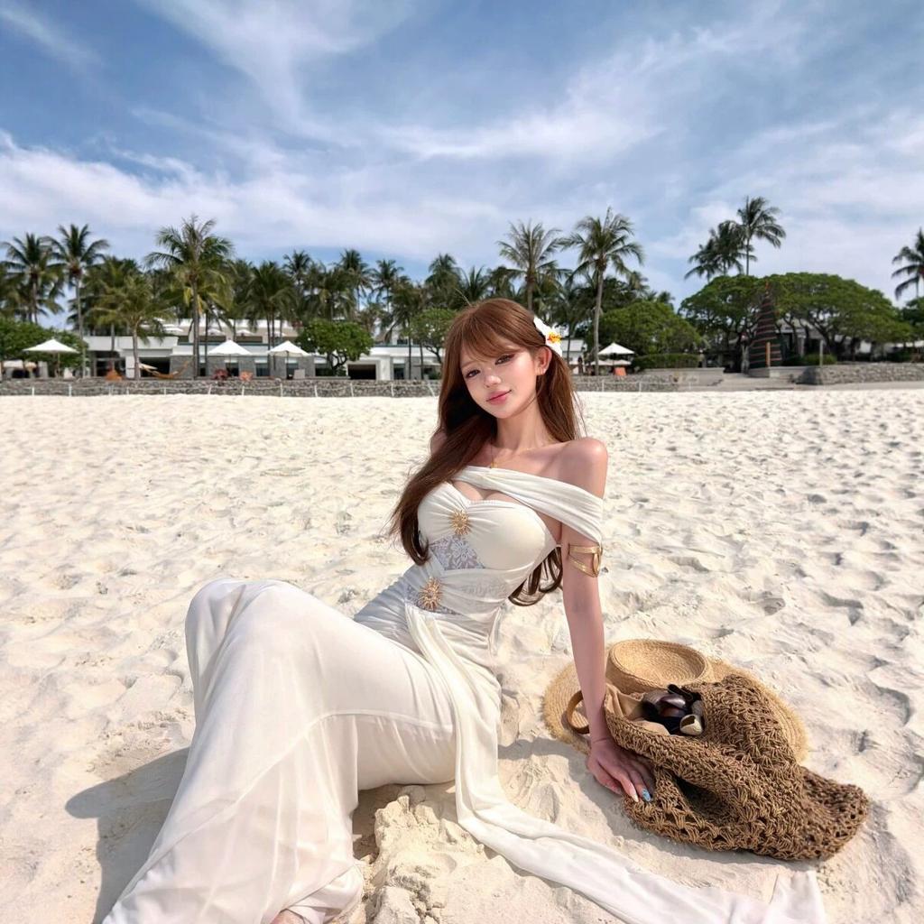 Tourism in Bali, Thailand, beautiful one-word shoulder pinch waist and thin fishtail dress, seaside vacation wind beach dress