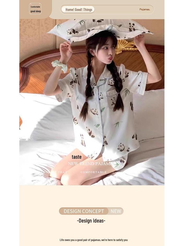 Summer Ice Silk Pajama Set: Cartoon Little Panda Short Sleeve & Shorts for Women