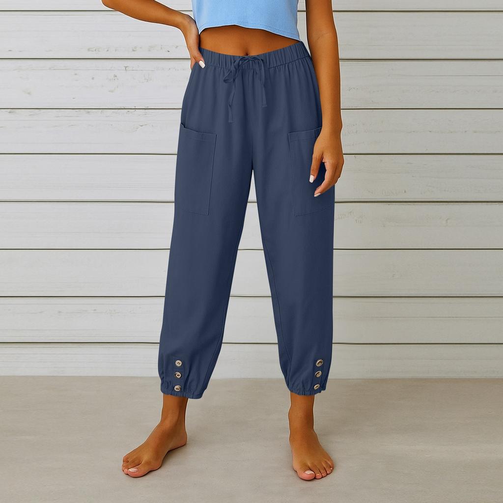 Women's Fashion Solid Color Hemp Cotton Pocket Leg Tight Waist Casual Pants