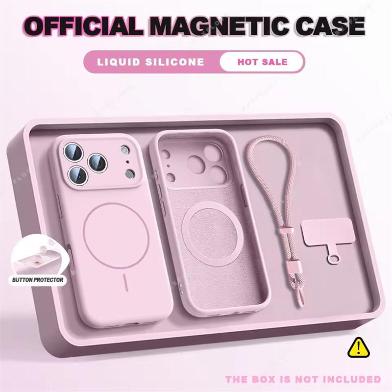 Magnetic Wrist Strap Liquid Silicone Phone Case For iPhone 12 13 16 17 Pro Max Air 15 14 16 Plus 16E Magsafe Lanyard Cover