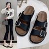 Summer Slippers Women's Outer Wear New Flat-bottomed One-character Square Buckle Thick-soled Beach Women's Shoes Cool Slippers Women's