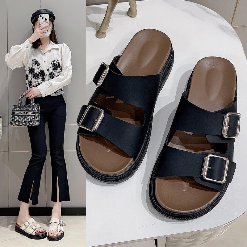 Summer Slippers Women's Outer Wear New Flat-bottomed One-character Square Buckle Thick-soled Beach Women's Shoes Cool Slippers Women's
