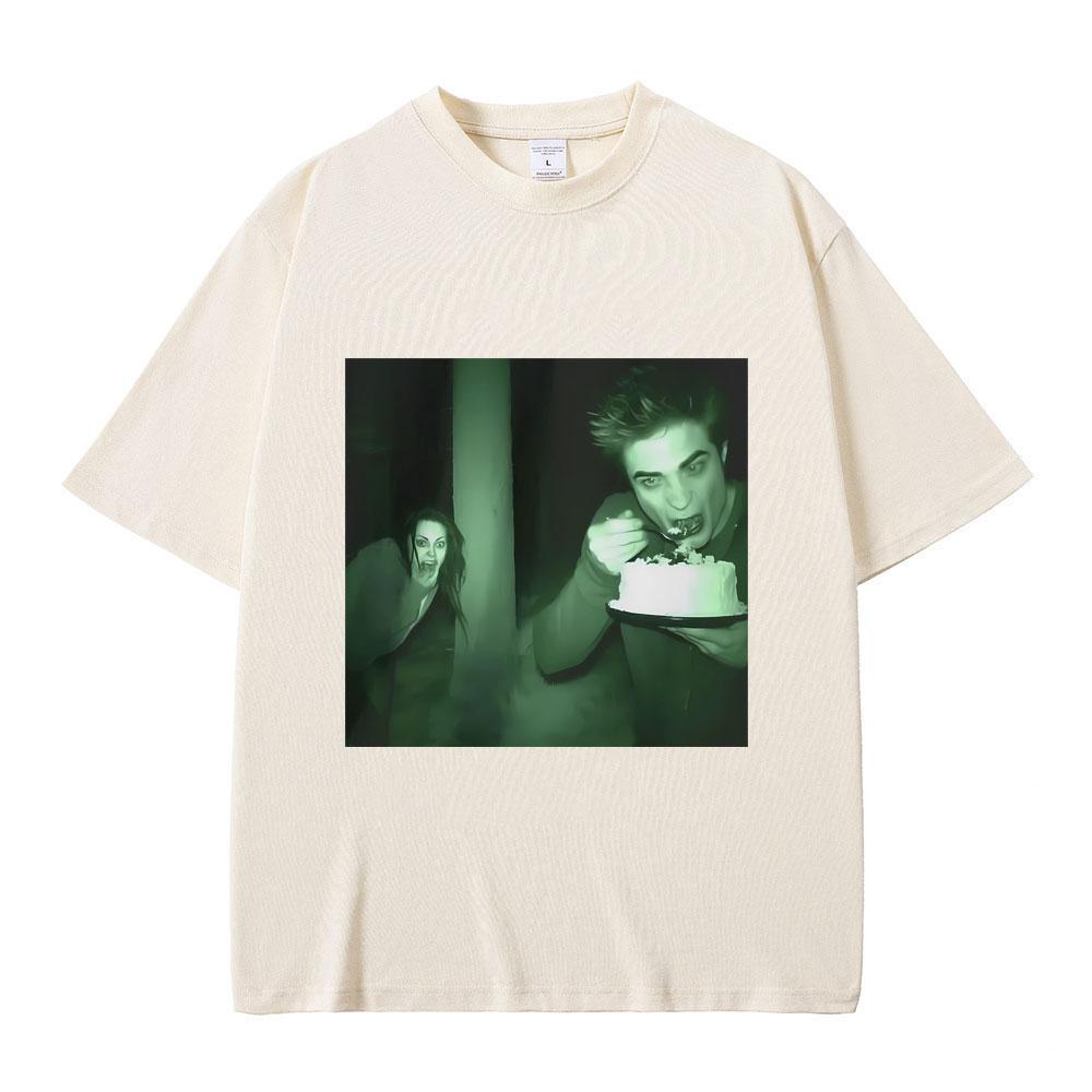Funny Twilight Edward and Bella Trail Cam Rating Cake Print T-shirts Robert Pattinson Meme Tshirt Men Fashion Oversized T Shirts