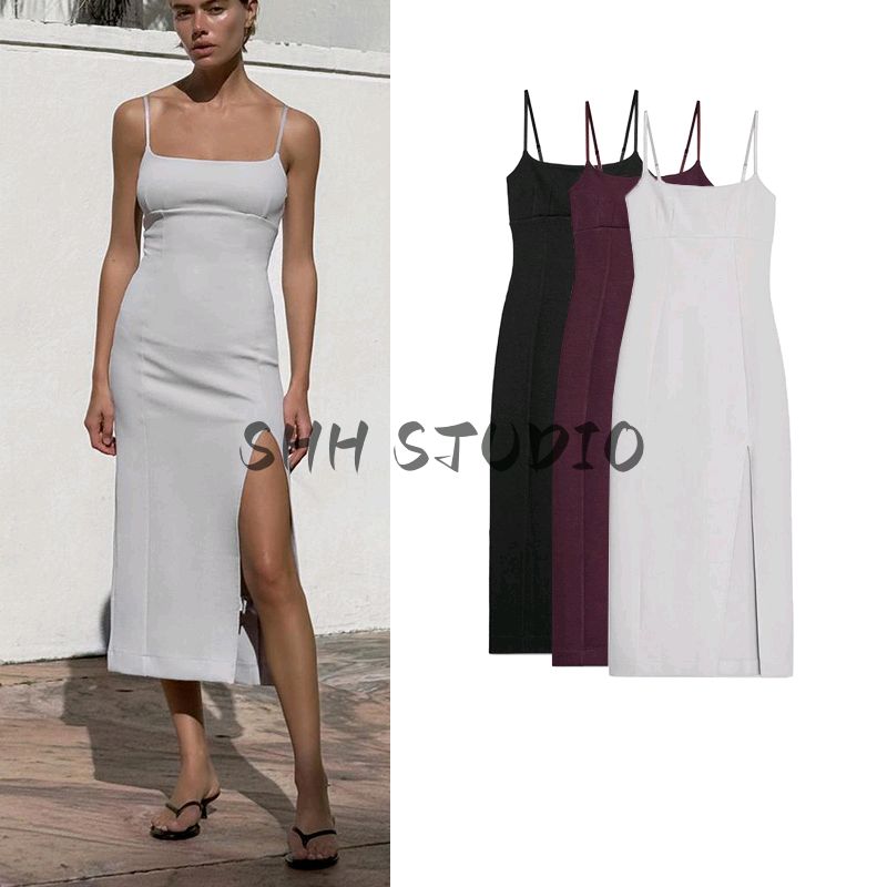 Spring New Women's Clothing Ins Style Silm Double-Sided Cloth Straight Collar Camisole Long Dress 3641317