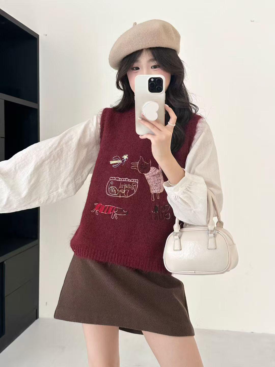 Korean Soft Knit Embroidered Sweater Vest - Women s Autumn/Winter Loose Fit Round Neck Top One Size