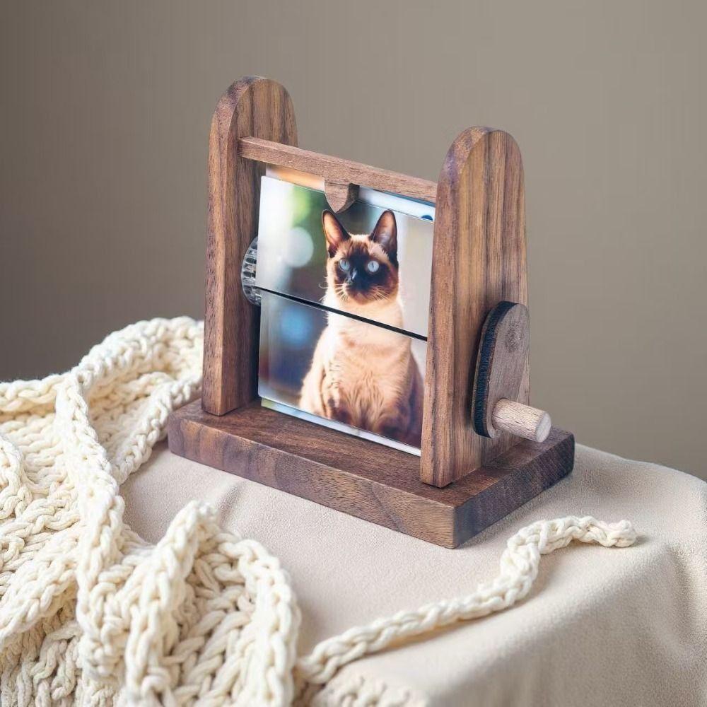 Hand Crank Rotation Photo Frame Wood Material Creative Design Hand Crank Photo Album Rotation Frame Desk Photo Book