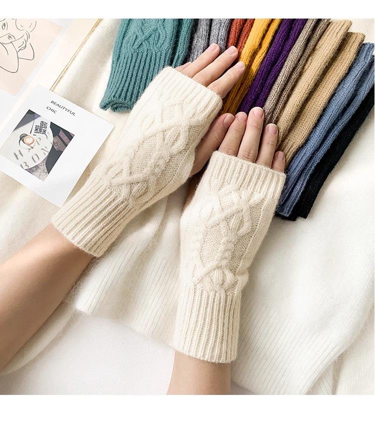 Damskie zimowe jednokolorowe rękawiczki bez palców z dzianiny kablowej ze wsparciem nadgarstka