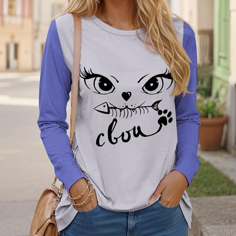 

Весенне-осенние футболки с круглым вырезом и 3D-принтом кошки и рыбы, простые и забавные узорчатые топы, модные повседневные женские футболки с длинным рукавом 5XL