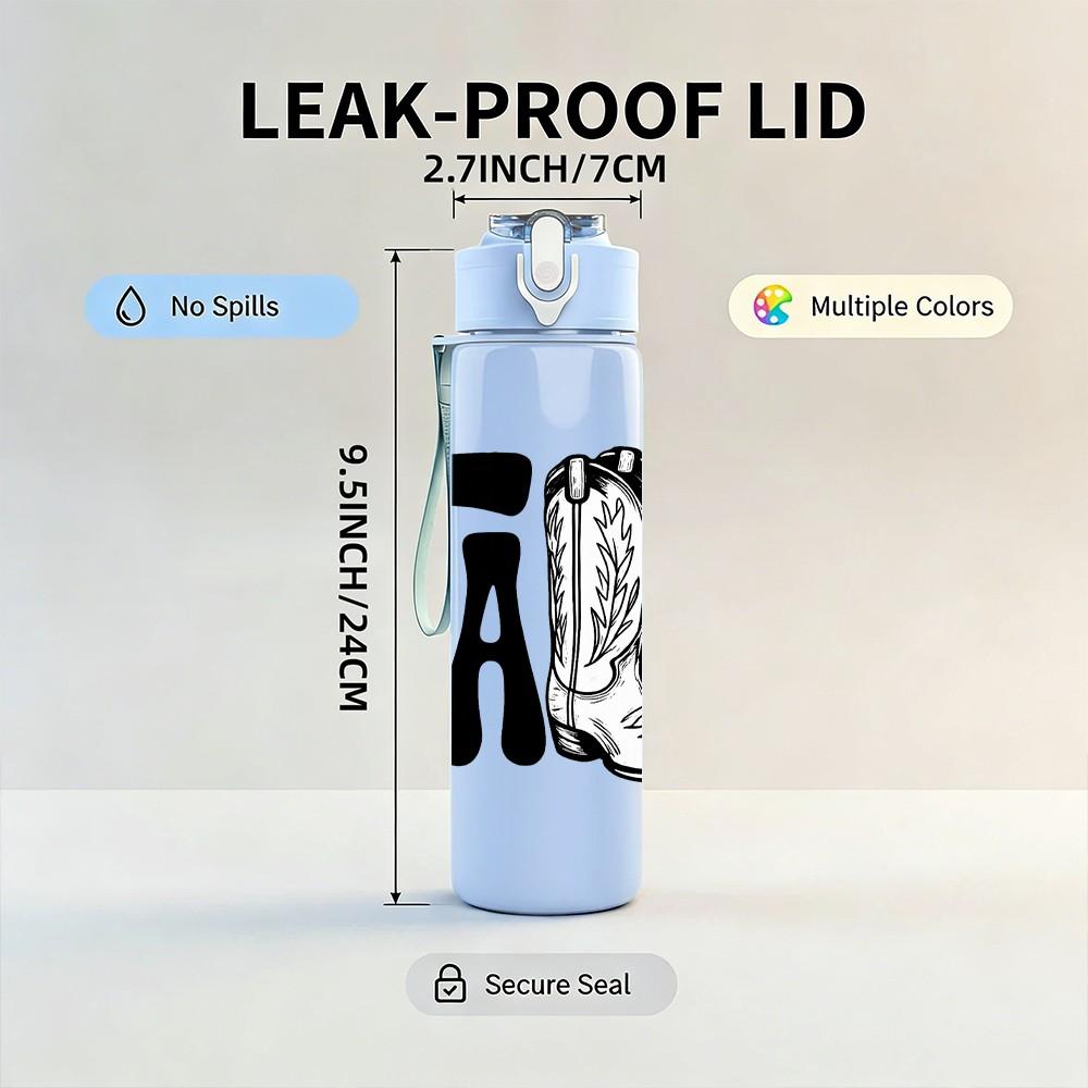 1PC Fall Letter Cowboy Boot 750ml Color Plastic Sports Water Bottle Leakproof Flip Straw Lid Suitable for Sports Office Home Use