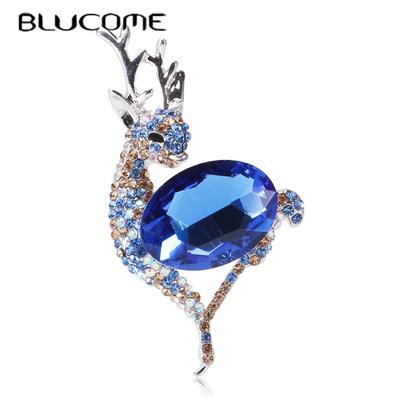 Blue Crystal Christmas Deer Brooches For Women Men New Design New Year Beauty Animal Party Office Pins Gifts