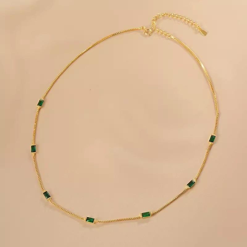 Vin14K Gold Plated Dainty Green Rectangle Cubic Zirconia Necklace Thin Snake Chain Minimalist Daily Choker Neck Jewelry for Women