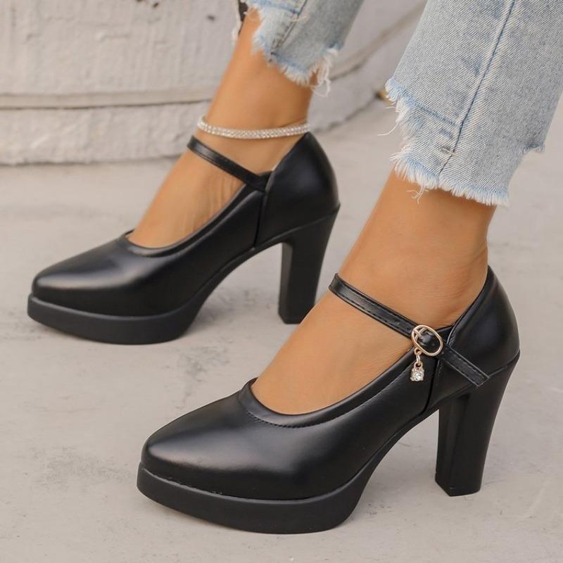 

Fashion High Heels Platform Pumps Mujer 2025 Spring New Fashion Buckle Solid Black Shoes Woman PU Leather Waterproof Shoes Femme 41 чёрный