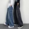 Men Baggy Cargo Jeans Multiple Pockets Solid Color Zipper Fly Loose Straight Wide Leg Pants Autumn Denim Trousers Streetwear
