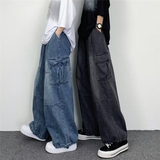 Men Baggy Cargo Jeans Multiple Pockets Solid Color Zipper Fly Loose Straight Wide Leg Pants Autumn Denim Trousers Streetwear