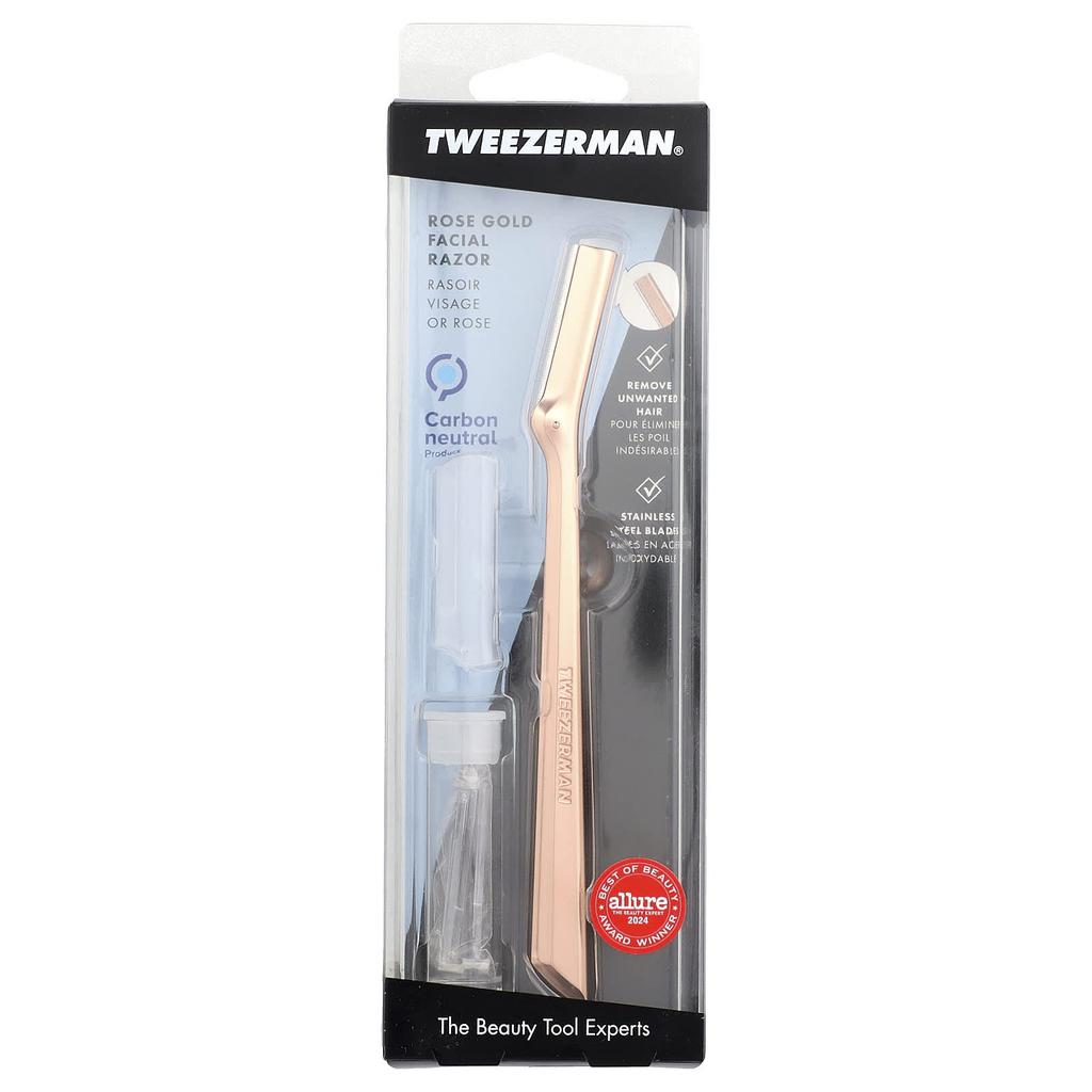 TWEEZERMAN Rose Gold Facial Razor, Stainless Steel Blades, Set of 5