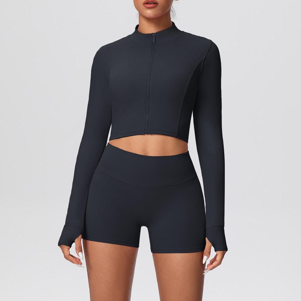Women's High-Waisted Yoga Set: Short Zipper Jacket & Hip-Lifting Shorts
