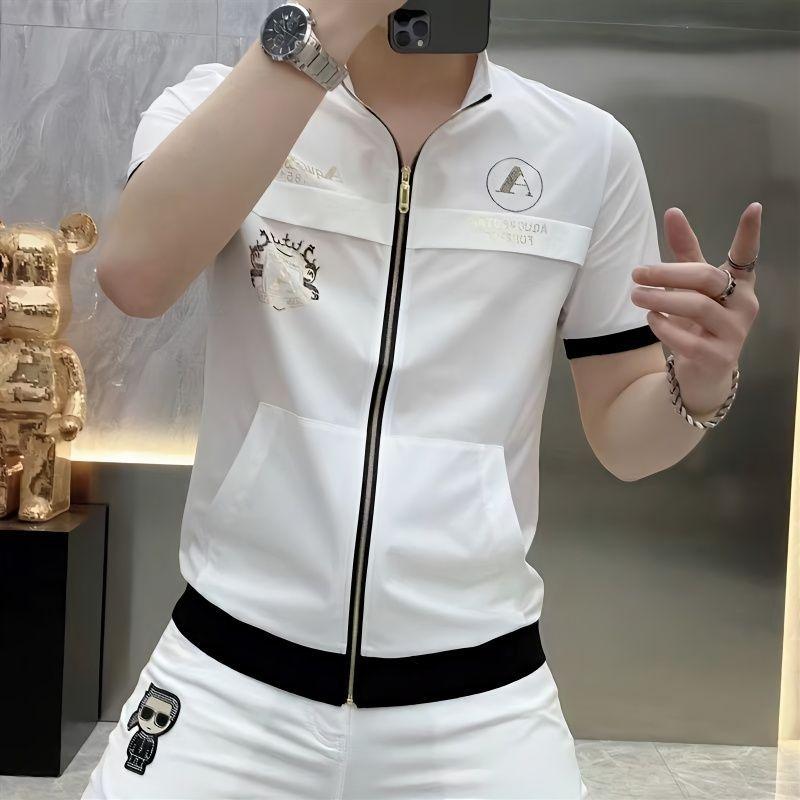 Summer Men's Fashion Printed Light Breathable Stand Collar Short Sleeve Cardigan