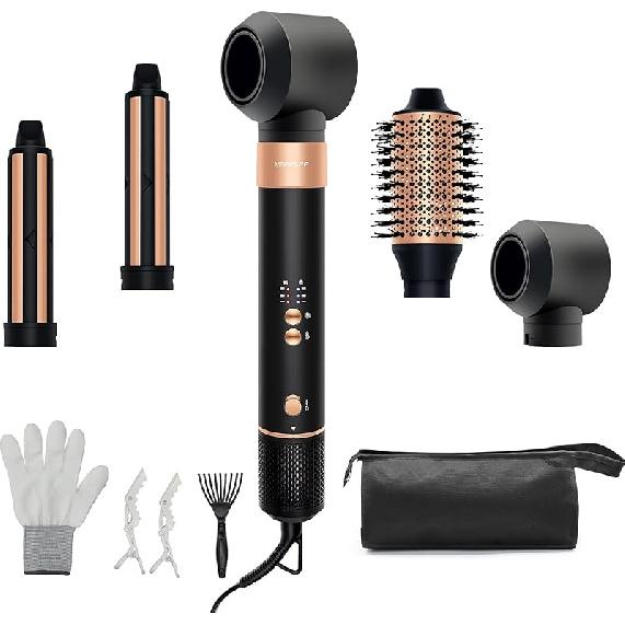 

Повітряний стайлер Фен-щітка - 110 000 об/хв Гнучкий стайлер для волосся для швидкого сушіння/Обертання для завивки/Надання об єму/Випрямлення, Автоматичні щипці для завивки, Black-golden