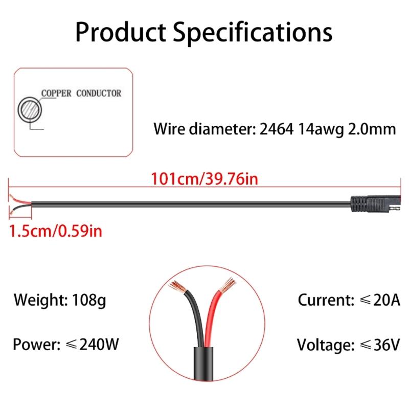 130cm Length SAE Connector Cable Single End To 2Pin Bare Wire Line Support 20A for Motorcycles Car and Solar Panel