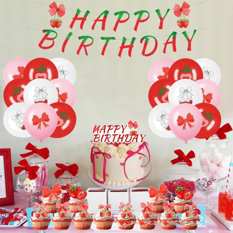 Reusable Strawberry Ribbon Birthday Party Banners Paper Plastic Decoration Cake Insert Balloon For Kids Adults