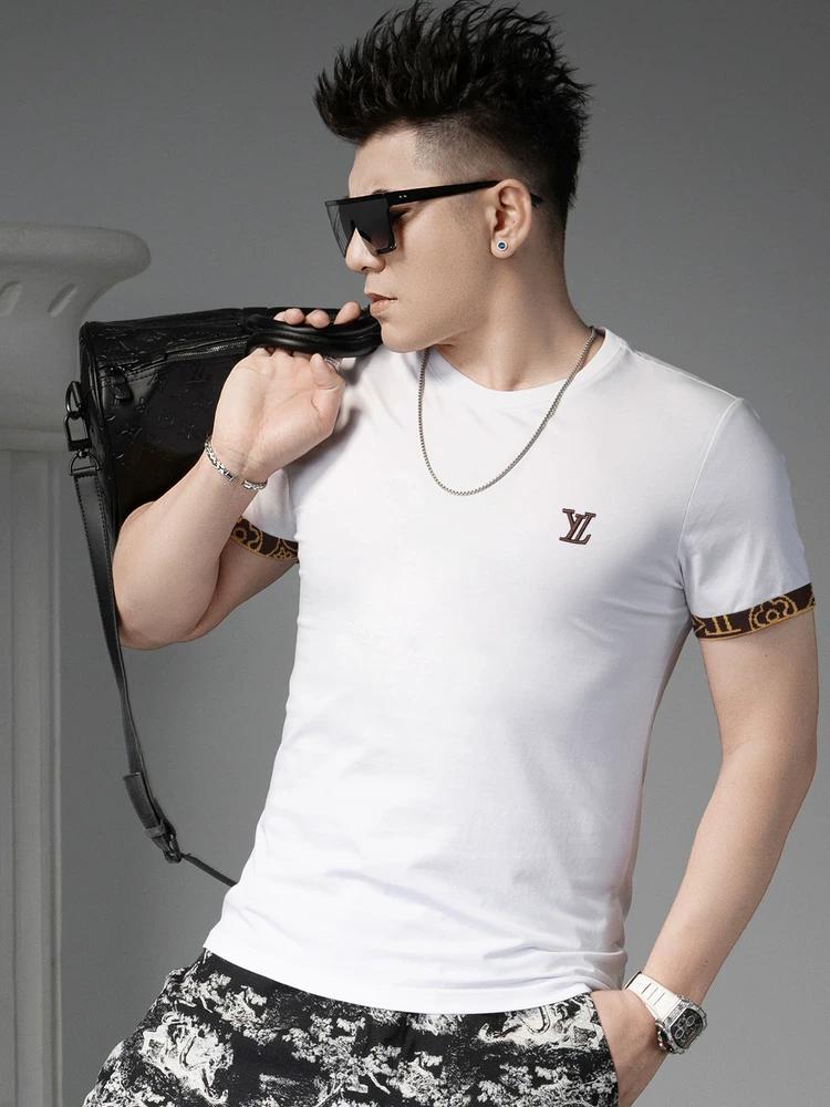 European Goods 2025 Summer New Fashion Brand Letter Embroidery Short-Sleeved T-Shirt Men's Round Neck Casual Top Half-Sleeved T-Shirt