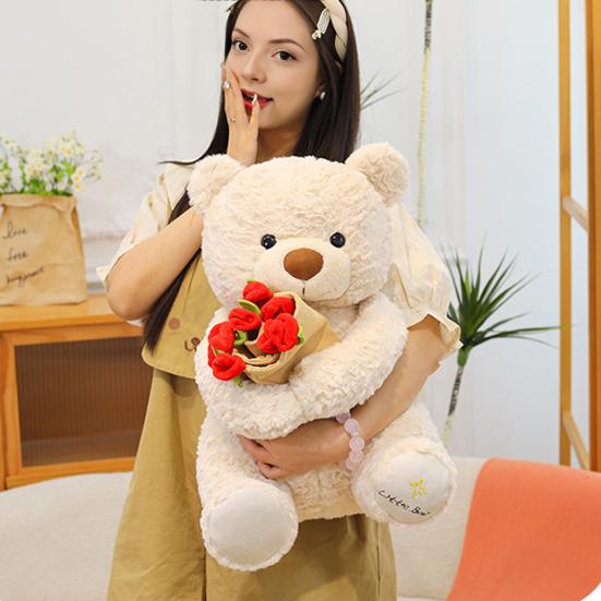 Rose Bear Plush Toy Cute Teddy Bear Holding Flower Bouquet Soft Stuffed Animal Gift for Valentine's Day