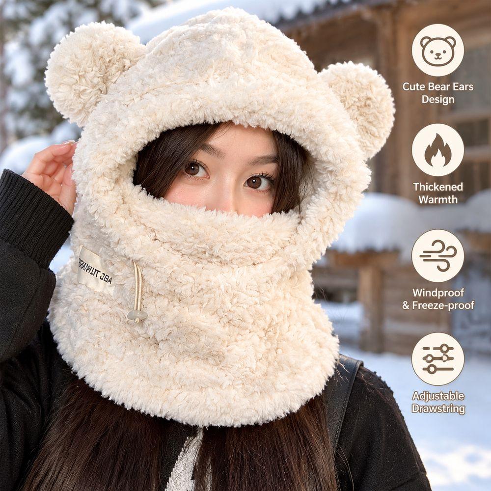 Adjustable Drawstring Hat Scarf Combo Thickened Warm Winter Balaclava Plush Hooded Hat for Women