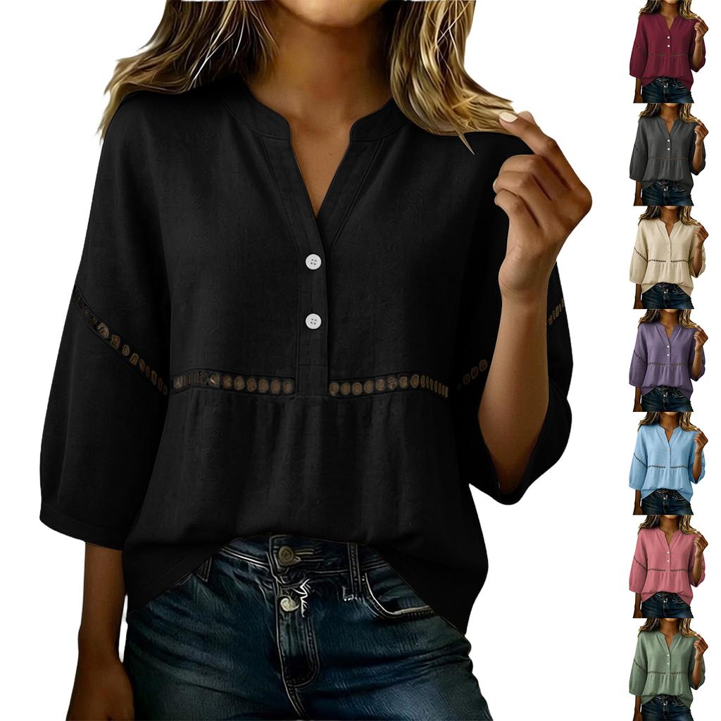 Women Loose Fit V Neck Button Front Casual Top Long Sleeve Cotton Linen Blend Pullover Shirt Lightweight Breathable Blouse