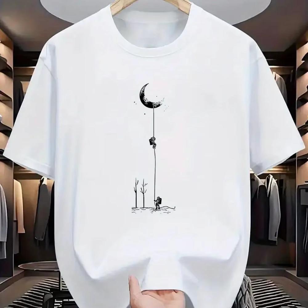 Letnia Koszulka Męska 100% Casual Luźna Oversize Wzór Lądowania na Księżycu Drukowane Koszulki Okrągły Dekolt Krótki Rękaw Koszulki Top T