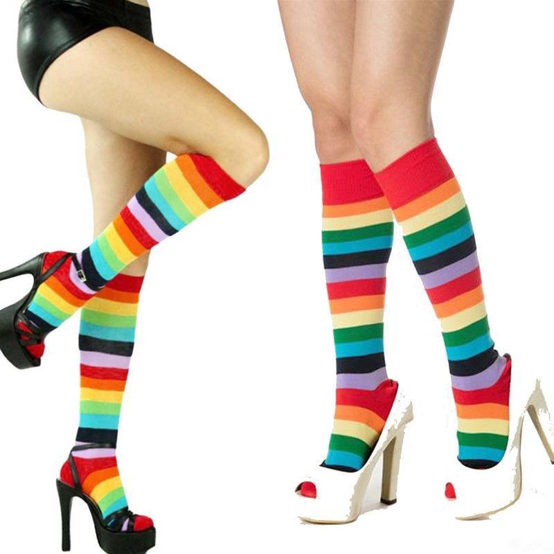 Damen Mädchen Oberkniestrümpfe Rainbow Hoch Oberschenkel Lang Gestreift Strumpf