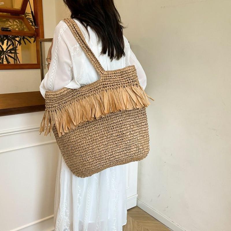 Tassel Paper Rope Straw Bag Hand-woven Bag Seaside Vacation Beach Bag Large Capacity Shoulder Tote Bag Women