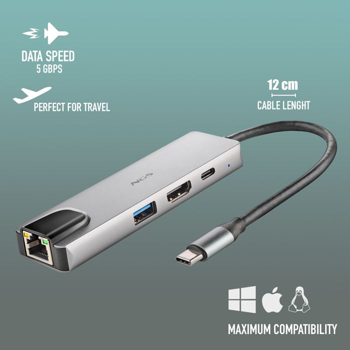 NGS Wonderdock Supra : Adaptateur multi-port USB-C ultraléger, USB 3.0, RJ45, USB-C PD, HDMI, Plug &amp; Play