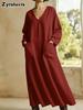 Spring New Loose Casual Solid Color V-Neck Pocket Long Sleeve Cotton Linen Dress